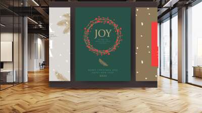 Merry Christmas and Happy New Year Set of greeting cards, posters, holiday covers. Elegant Xmas design in green, red and gold colors with hand drawn fir branches, Christmas wreath, brush painted snow  Wall mural