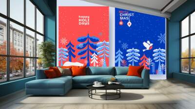 Merry Christmas and Happy New Year Set of greeting cards, posters, holiday covers. Modern Xmas design in blue, red and white colors. Winter landscape with snow fairy forest,  white bear and bullfinch Wall mural