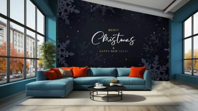 Merry Christmas and Happy New Year. Dark background with shining glitter, 3d black  snowflakes in paper cut style. Minimal Xmas design. vector illustration Wall mural