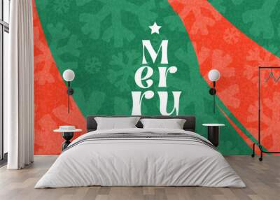 Merry Christmas greeting card, web banner, holiday background. Modern beautiful Xmas design with typography, brush strokes and snowflakes. Minimal art, poster, cover, ads template in green red  colors Wall mural