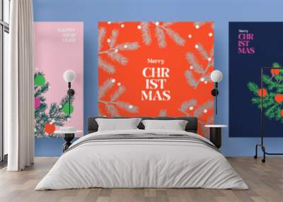 Merry Christmas greeting card Set. Modern beautiful art Xmas design with typography, snow, Christmas tree, balls and fir branches. Trendy hand drawn illustration for season ads, banner, poster, cover Wall mural