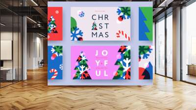 Merry Christmas holiday covers or horizontal posters, greeting cards in modern geometric overlay style for web, branding, social media advertising, promo, print. Modern Xmas layout design templates Wall mural