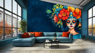 Mexican woman with sugar skull makeup and colorful flowers on a blue background. Day of the Dead, Halloween. Banner, poster. Watercolor illustration. Copy space. Wall mural