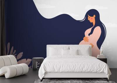 Modern banner about pregnancy and motherhood. Poster with a beautiful young pregnant woman with long hair and place for text. Minimalistic design, flat cartoon vector illustration. Wall mural