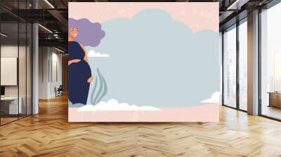 Modern pregnancy illustration with place for text. Cute happy pregnant woman with blank background. Banner for the doctor, goods for women, preparation for childbirth. Flat cartoon vector design. Wall mural