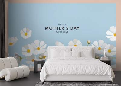 Mother's day Greeting card design  in modern art style with hand drawn spring daisy flowers in pastel colors and trendy typography. Mothers day design template for banner, poster, cover, social media Wall mural