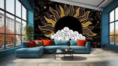 Mystical banner for astrology, zodiac and horoscope, woman on black space background with golden sun and constellations. Esoteric spiritual vector illustration, divination. Wall mural