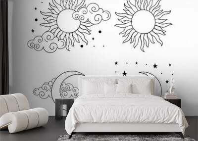 Mystical boho tattoos with sun, crescent, stars and clouds. Linear design, hand drawing. Set of elements for astrology, mysticism and fortune telling. Vector illustration on a white background Wall mural