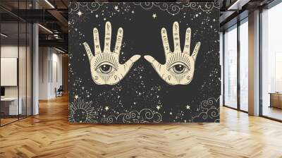 Mystical poster for numerology, astrology and future prediction. Two palms of a hand with an all-seeing eye on a mystical black background with the moon, sun, stars. Vector boho background Wall mural