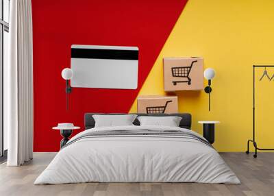 Delivery boxes and credit card. Top view. Online shopping paying by credit card Wall mural