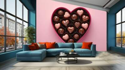 Pink heart-shaped box with delicious chocolates on a pink background. St Valentines Day concept. Copy space. Wall mural