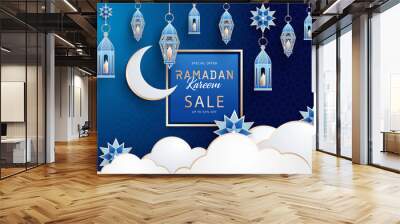 Ramadan Kareem concept horizontal Sale banner with islamic geometric patterns. Arabesque, traditional lanterns, crescent, stars and clouds on dark blue night sky background. Vector illustration. Wall mural