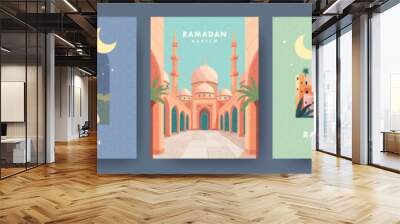 Ramadan Kareem Set of posters, cards, holiday covers. Arabic text mean Ramadan Kareem. Modern design in pastel colors with pattern, mosque, old city, moon and stars, beautiful woman at the arch window Wall mural