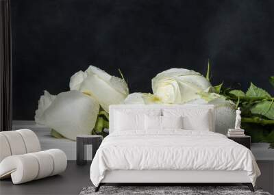 White roses on white boards.  Wall mural