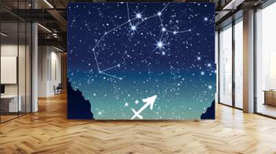 Sagittarius constellation in the night sky, zodiac sign, horoscope card, landscape vertical template for stories. Background for astrology, fortune teller, calendar. Modern vector illustration. Wall mural