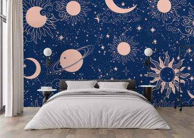 Seamless blue space pattern with sun, crescent and stars on a blue background. Mystical ornament of the night sky for wallpaper, fabric, astrology, fortune telling. Vector illustration Wall mural