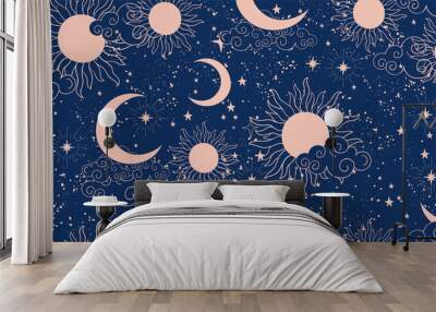 Seamless blue space pattern with sun, crescent and stars on a blue background. Mystical ornament of the night sky for wallpaper, fabric, astrology, fortune telling. Vector illustration Wall mural