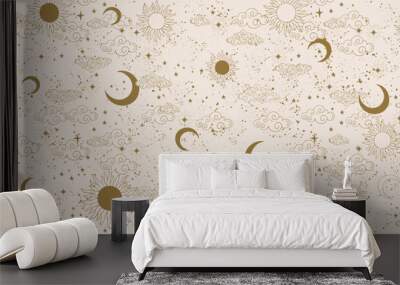 Seamless golden celestial pattern with sun, moon and stars, mystical astrological background, vector horoscope ornament on beige background. Zodiac banner, ornament for fabric, wrapping paper. Wall mural