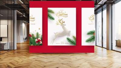 Set of Christmas and New Year greeting cards with xmas decoration. Winter Holiday Posters or banners design in modern realistic style with fir branches, gift boxes, christmas tree toys deer and stars Wall mural