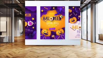 Set of Halloween party invitations, greeting cards, or posters with calligraphy, cutest pumpkins, bats and candy in night clouds. Design template for advertising, web, social media. Paper cut style Wall mural