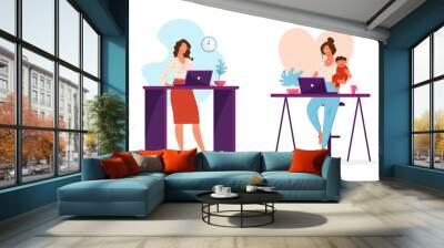 Set of illustrations, a woman works in the office or at a remote work at home holding a child in her arms. The concept of choosing a career or family, combining work and family. Cute female vector  Wall mural