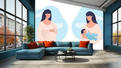 set of illustrations about pregnancy and motherhood. pregnant woman with tummy on a background of sk Wall mural