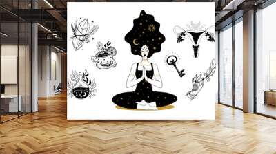 Set of mystical boho icons. Meditating woman hand drawn tattoo, witch crystals, womb symbol of sacred femininity, amulet. Artline illustration isolated on white background. Wall mural