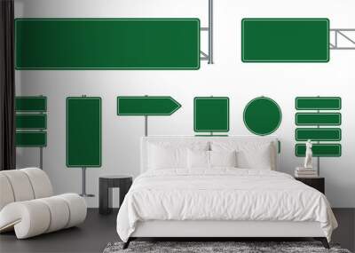 Set of road signs isolated on a white background. Green traffic signs. Wall mural