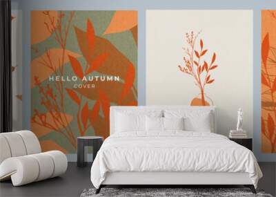 Set of trendy modern art style abstract autumn posters or covers with bright beautiful leaves and plants. Fall background, Sale banner, or flyer design. Template for advertising, web, social media Wall mural