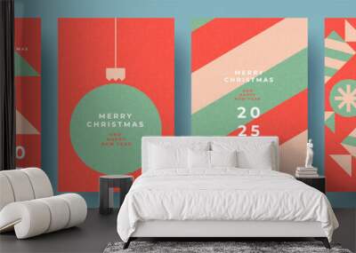 Set of Xmas card, banner, cover, poster in retro geometric minimalist style with simple shapes of Christmas tree, ball, candies. Merry Christmas and Happy New Year 2025 posters design templates Wall mural