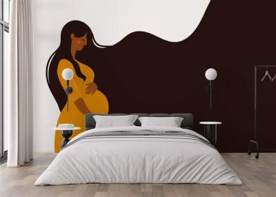 Side view of a beautiful pregnant black woman in a yellow dress. Banner about pregnancy and motherhood with copy space, background for text. Flat cartoon vector illustration. Wall mural