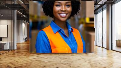 Smiling young African female employee in a hard hat and safety vest, holding a tablet, performing logistics and inventory tasks in a warehouse. Wall mural