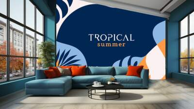 Summer background with tropical leaves and plants in orange yellow and deep blue colors. Modern minimalist style. Design template for sale, horizontal poster, header, cover, social media, fashion ads Wall mural