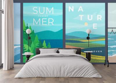 Summer nature landscape poster, cover, card set with sea view, sunny beach, mountains, forest, lake and fields and typography design. Summer holidays, vacation travel illustrations. Wall mural