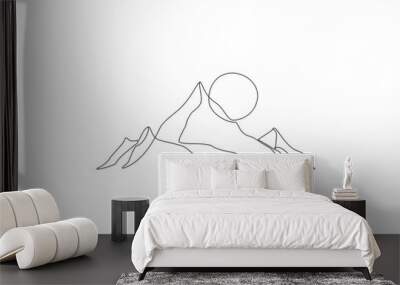 Abstract mountain range landscape background. Simple line drawing of mountains and sun Wall mural