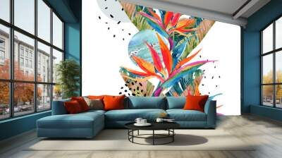 Geometric shapes with watercolor flowers, palm leaves, marble, grunge texture Wall mural