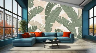 Green tropical leaves drawing seamless pattern. Wall mural