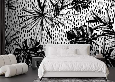 Grunge tropical leaves, dots seamless pattern. Wall mural