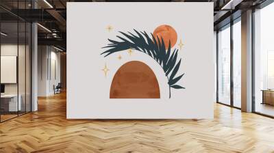 Minimalistic simple art in esoteric boho style. Tropical leaf and watercolor geometric shapes background. Wall mural