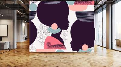 Natural beauty silhouettes drawing with geometrical shapes, grainy grunge textures, doodles Wall mural