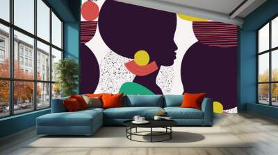 Natural beauty silhouettes drawing with geometrical shapes, grainy grunge textures, doodles Wall mural