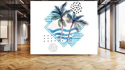 watercolor palm tree print in geometric shape with memphis elements isolated on white background. Wall mural