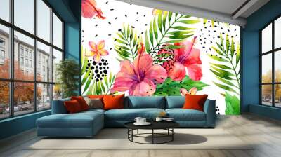 Watercolor tropical leaves and flowers arrangement background. Wall mural