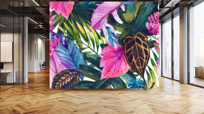 Watercolor tropical leaves seamless pattern Wall mural