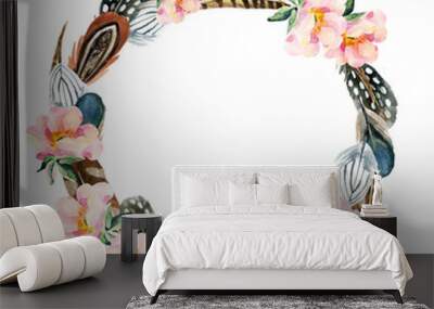 Watercolor wreath with bird feathers and flowers Wall mural