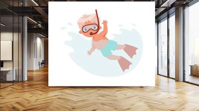 The boy swims in the sea with a mask and fins. Swimmer in the classroom in the pool. Ideas about a healthy lifestyle, sea vacations, sports, hobbies. Cartoon vector illustration Wall mural