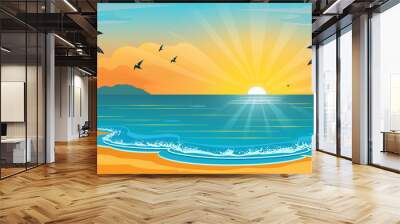 Tropical beach, blue ocean, sandy island, palm trees at sunset. Copy space. Banner, poster, cover design. Wall mural