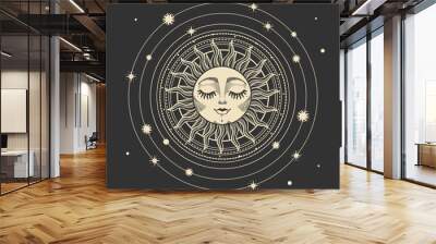 Vector illustration in modern vintage mystical style for tarot card, astrology, heavenly boho design. Golden sun with a face on a dark background with stars. Graphic stylization of engraving Wall mural