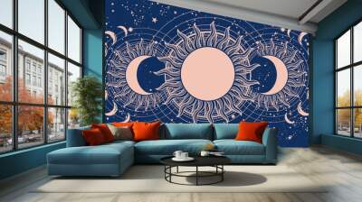 Vintage tarot banner, sun and moon phases, full moon on blue background. Mystical background for astrologer, zodiac, fortune telling. Aesthetic flat vector illustration. Wall mural