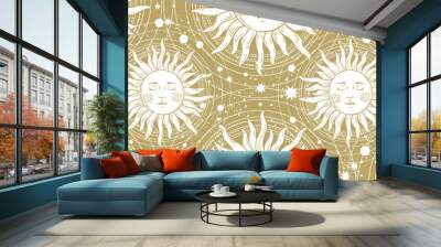 White sun with a face on a golden background, a seamless magical pattern for astrology, tarot, fortune telling. Beautiful vector ornament for packaging design. Wall mural